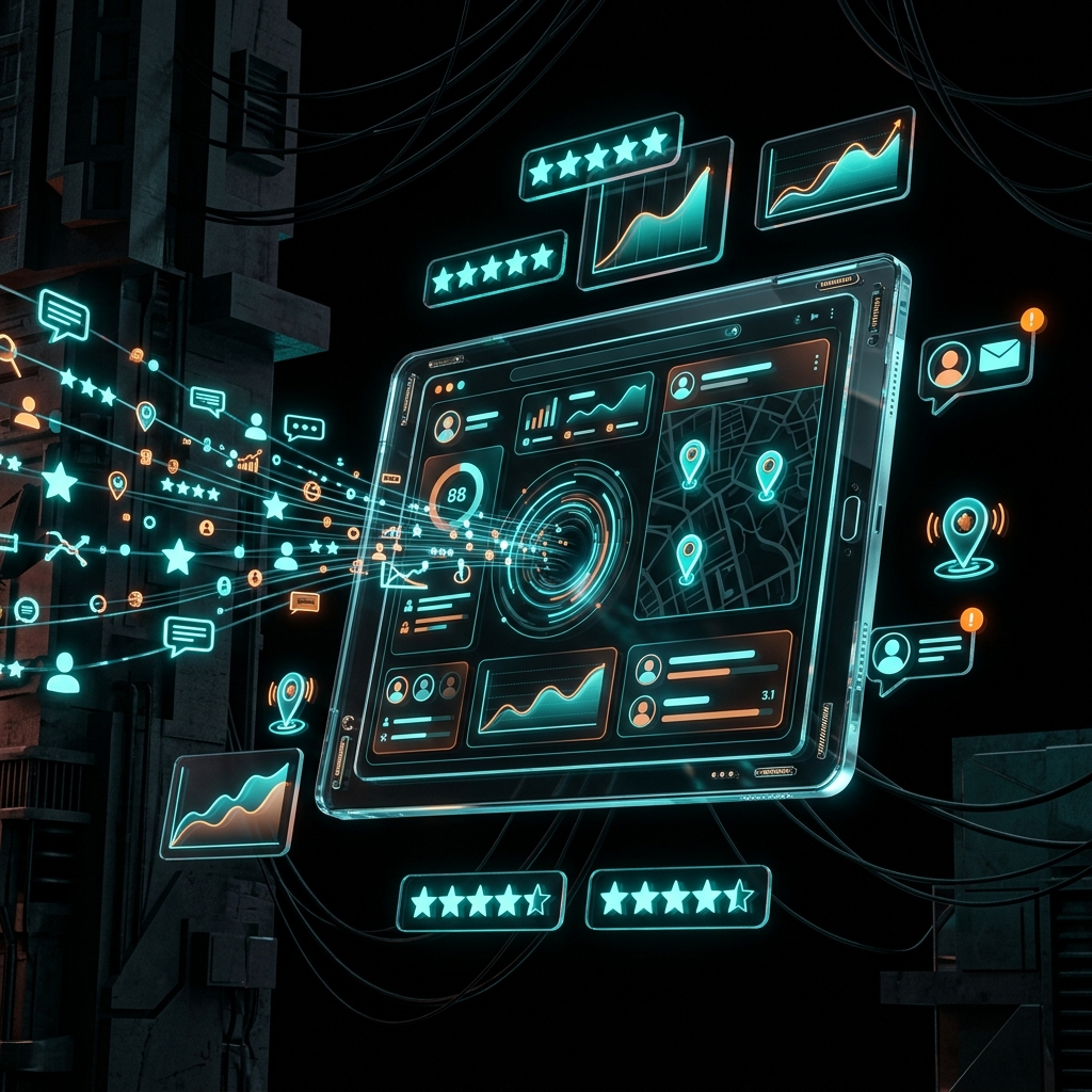 Dashboard tecnológico da PRO360 mostrando crescimento de perfil no Google Meu Negócio